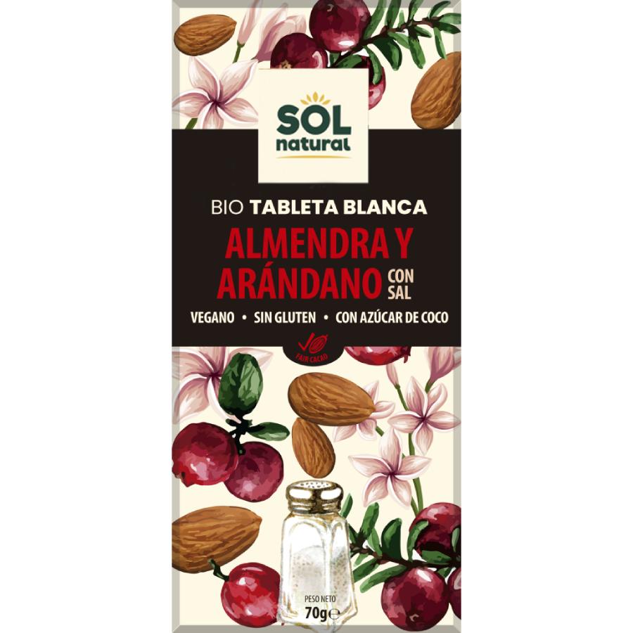 Vegane weiße Schokoladentafel mit Mandeln und Bio-Heidelbeeren Sol Natural 70 g