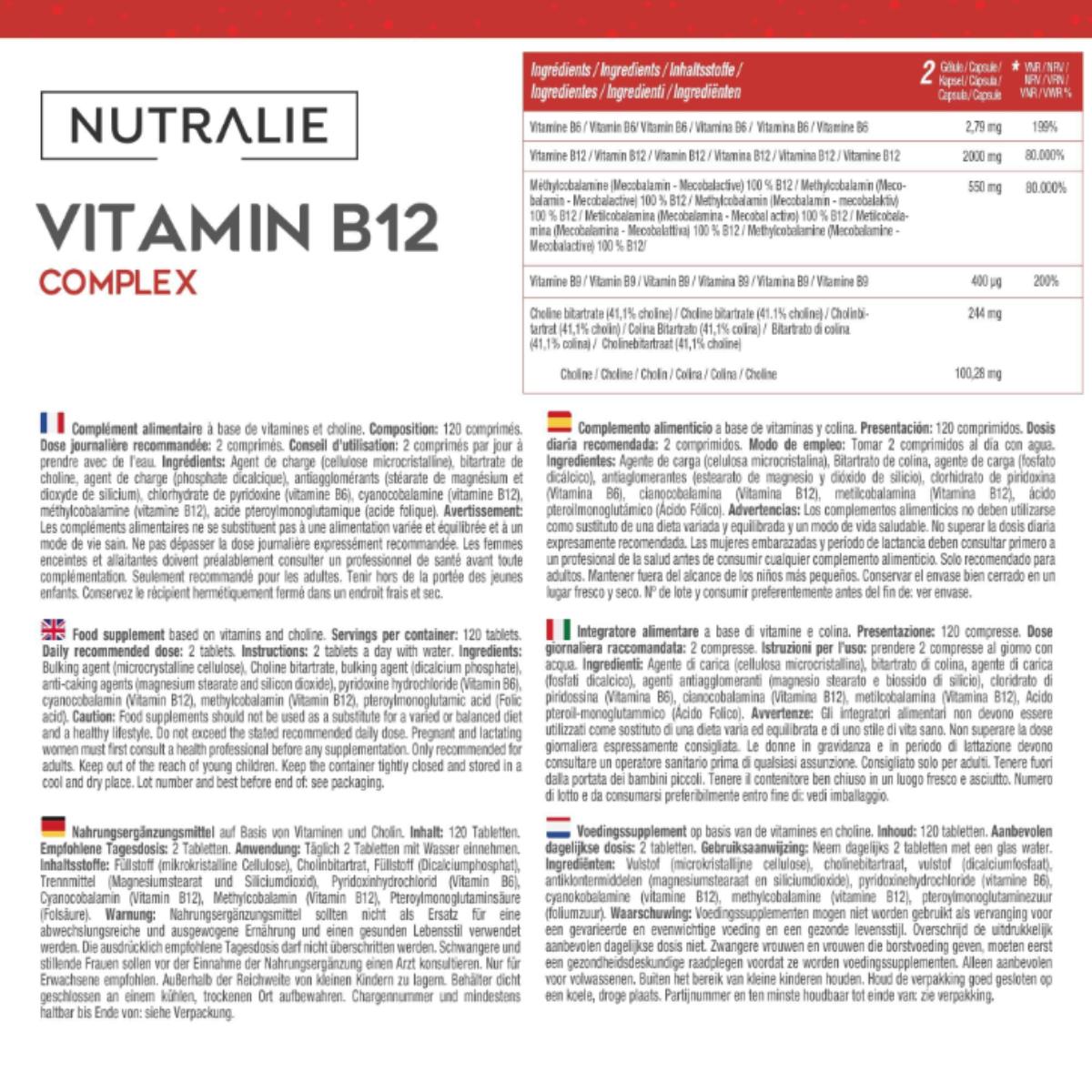 Vitamin B12-Komplex 2000 mcg gegen Müdigkeit Nutralie 120 Tabletten
