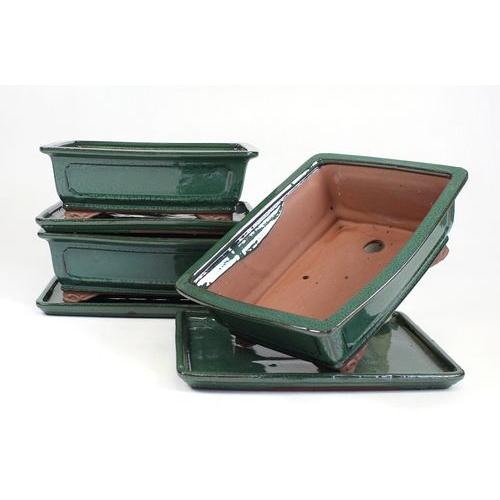 Rectangular bonsai pot 25 cm with green saucer