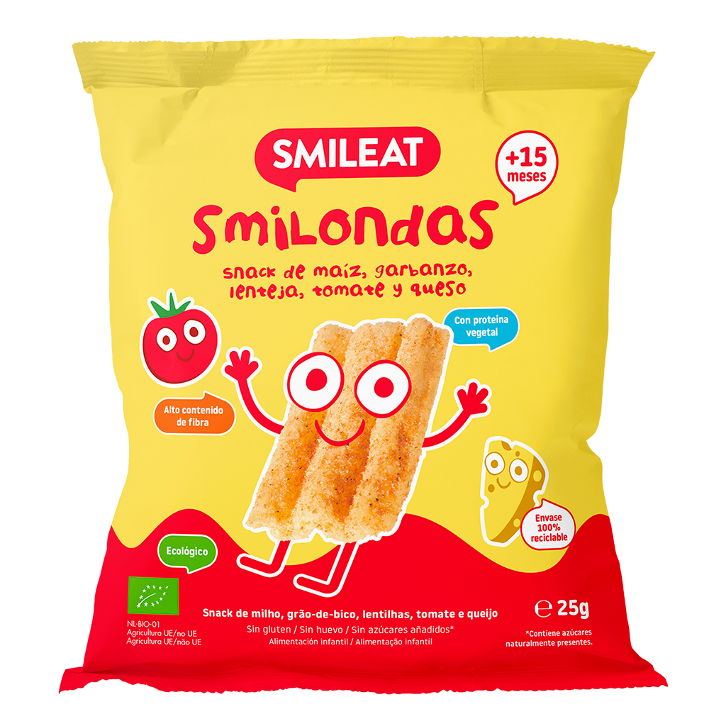 Smilondas Snacks med majs, kikärter, linser, tomat och ekologisk ost Smileat 25 g