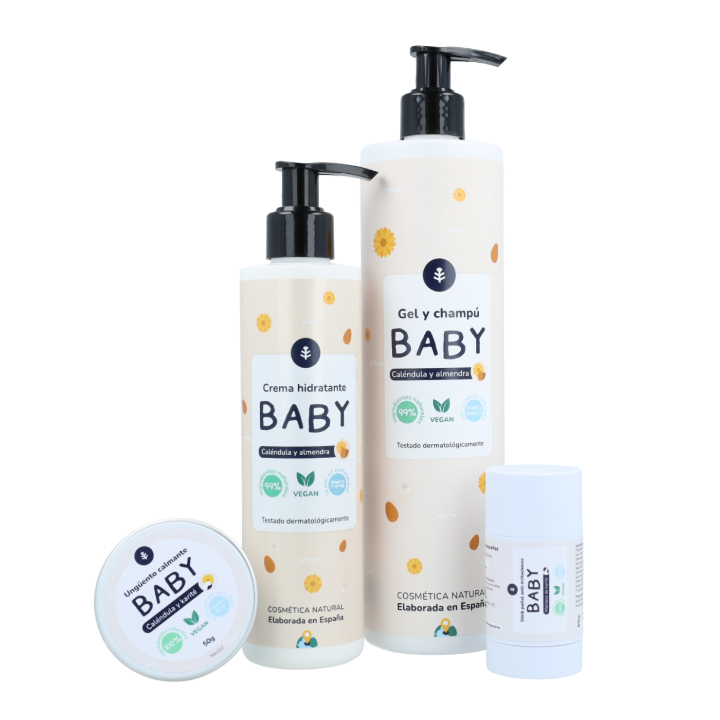 Baby welcome pack: baby gel and shampoo, body cream, soothing ointment and nappy stick Planeta Huerto