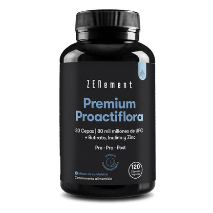 Premium Proactiflora, 30 Stämme | 80 Milliarden CFU + Butyrat, Inulin und Zink Zenement, 120 Tabletten