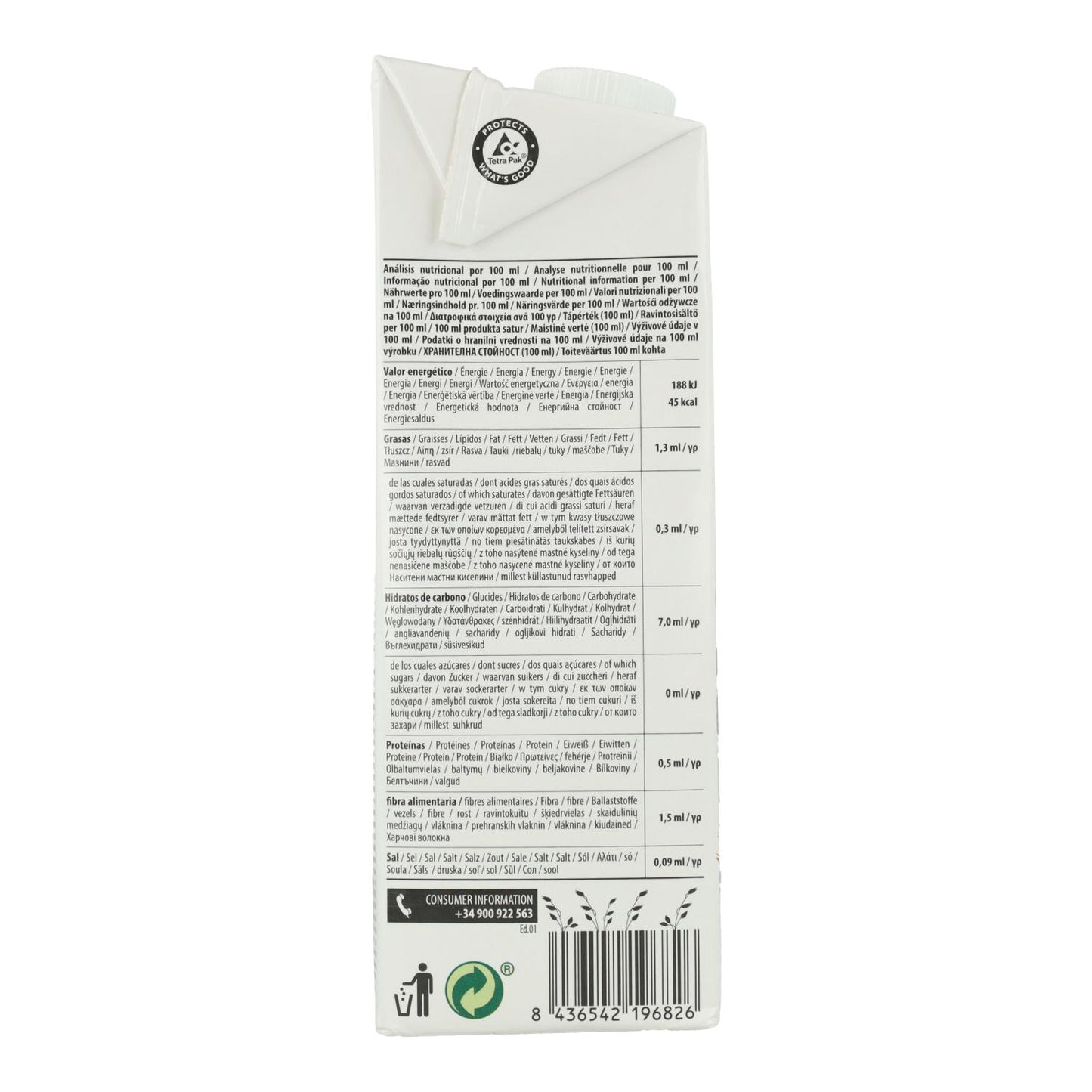 Pack of 6 Organic NaturGreen Whole Oat Drink 0% Sugar 1 L
