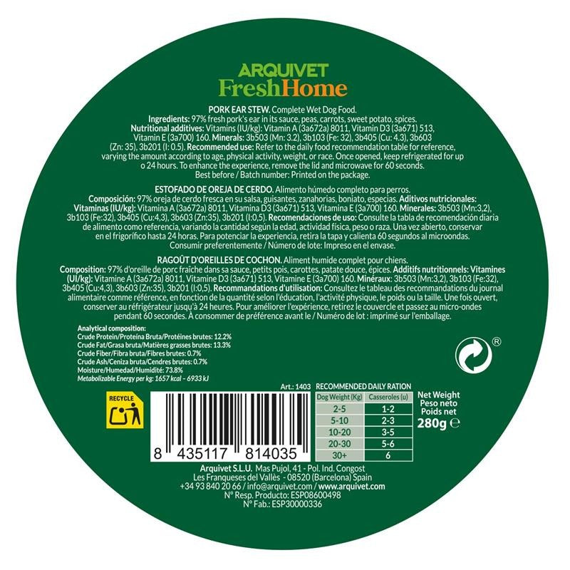 Arquivet Fresh Home Pig Ear Stew Nourriture humide à base d'oreilles de porc pour chiens 280 g