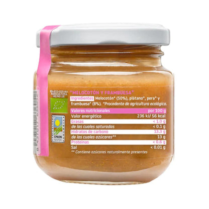 Potje biologische frambozen en perziken Smileat, 130 g