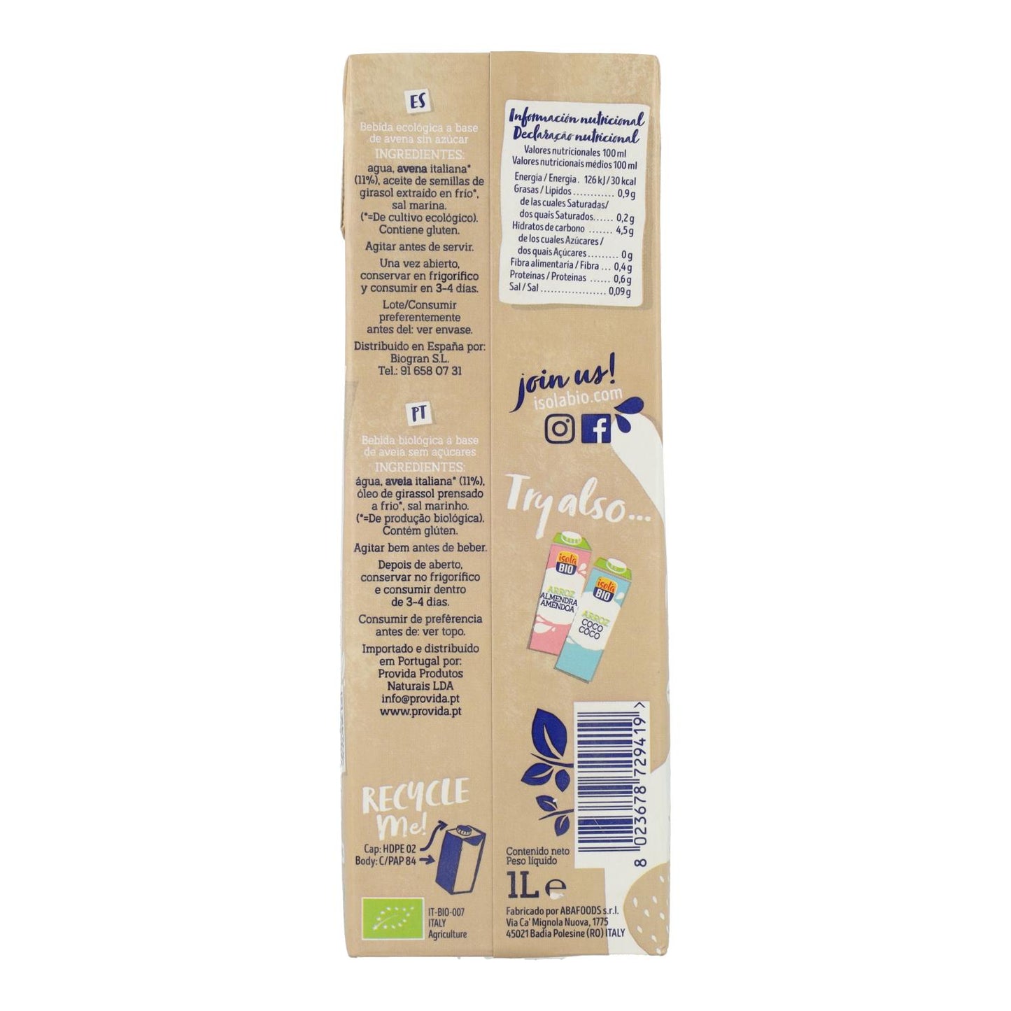 Organic Oat Drink 0% Sugar, 1L. Isola Bio