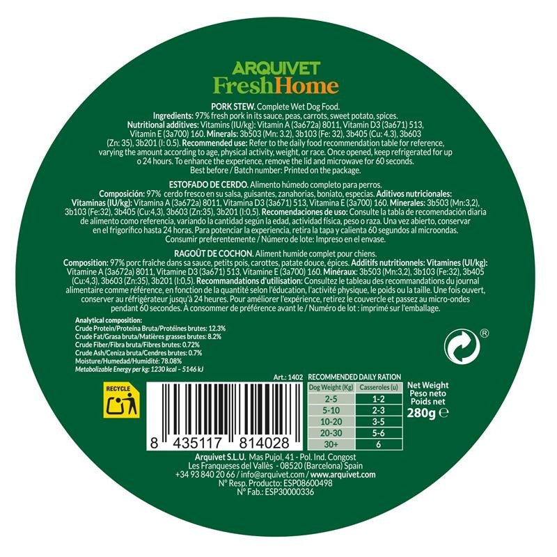 Arquivet Fresh Home Pork Stew Natvoer voor honden met varkensvlees 280 g