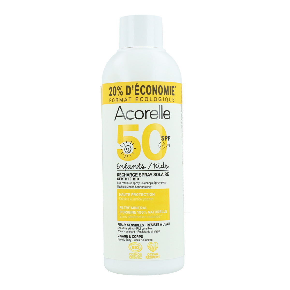 Recharge spray solaire haute protection pour enfants SPF50 Acorelle 150 ml