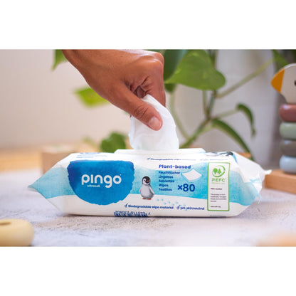 Opakowanie 12 x chusteczki nawilżane w 100% biodegradowalne Pingo 80 szt.