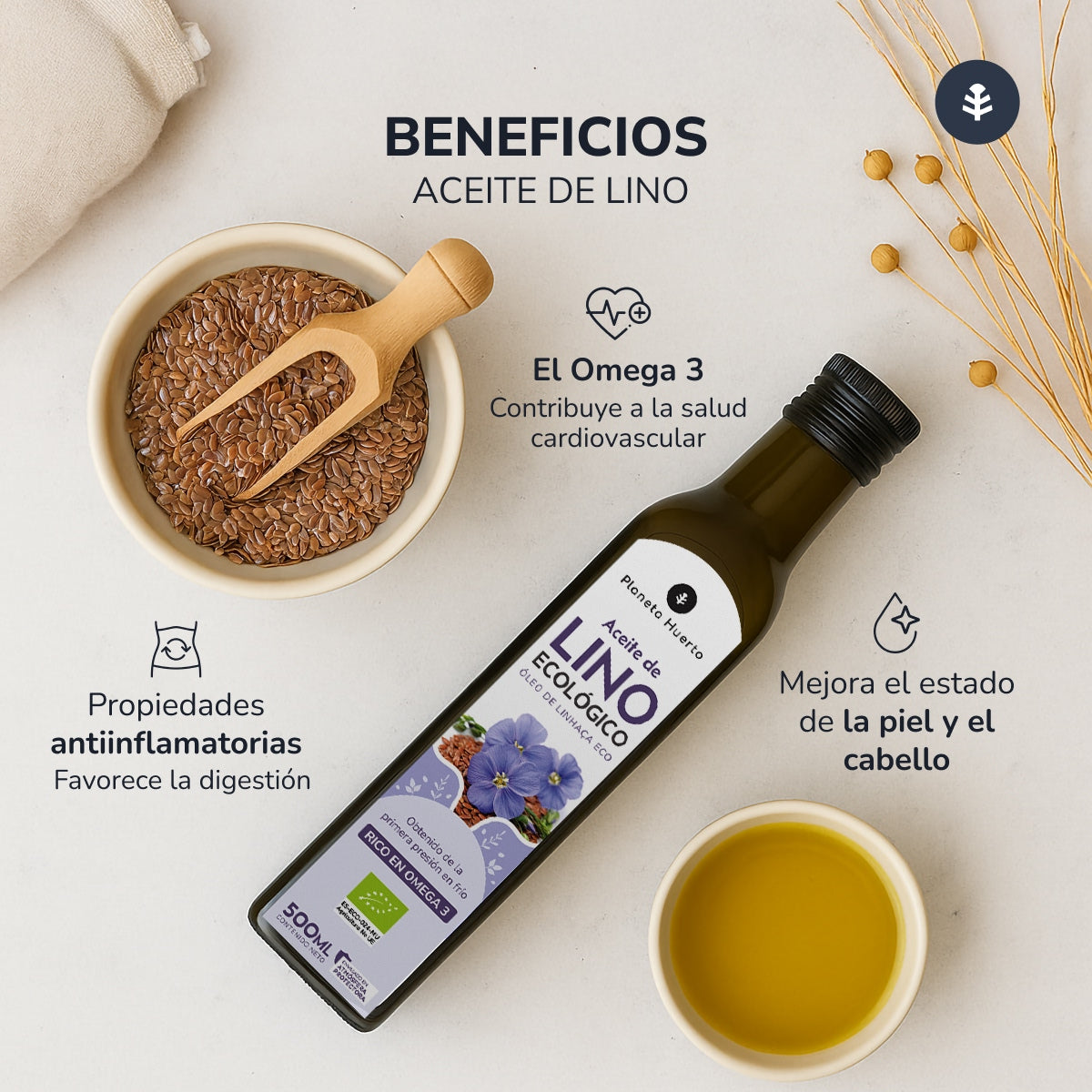 Confezione da 3 oli di lino spremuto a freddo ECO Planeta Huerto 500 ml