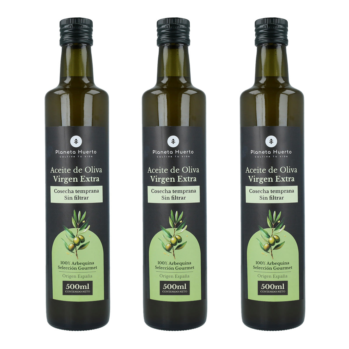 Lot de 3 bouteilles de 500 ml d'huile d'olive extra vierge verte non filtrée, de première récolte, de Planeta Huerto
