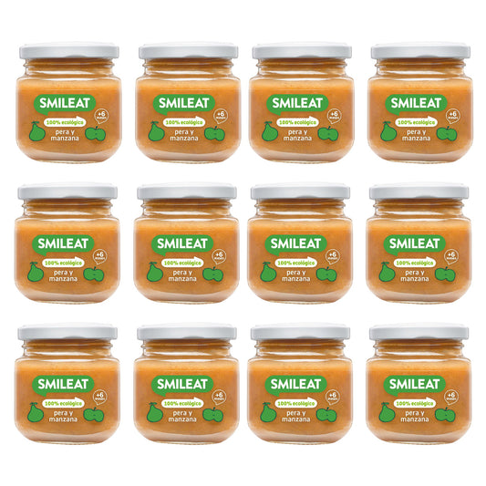 12-pack ekologiska burkar med päron och äpple +6 månader Smileat, 130 g