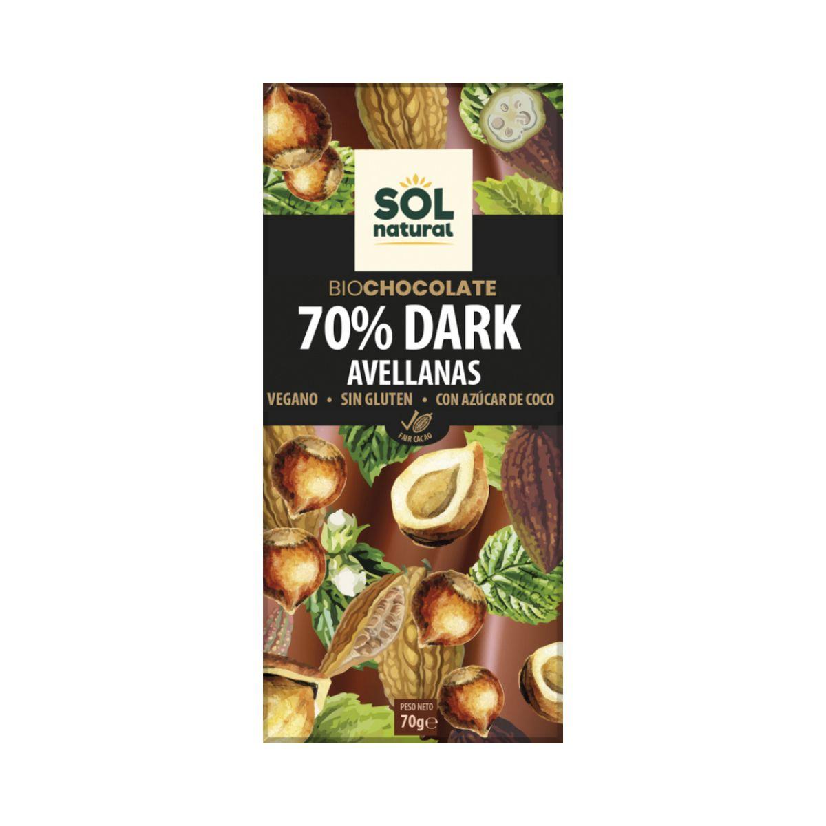 Czekolada wegańska dark 70% z orzechami laskowymi bio Sol Natural 70 g