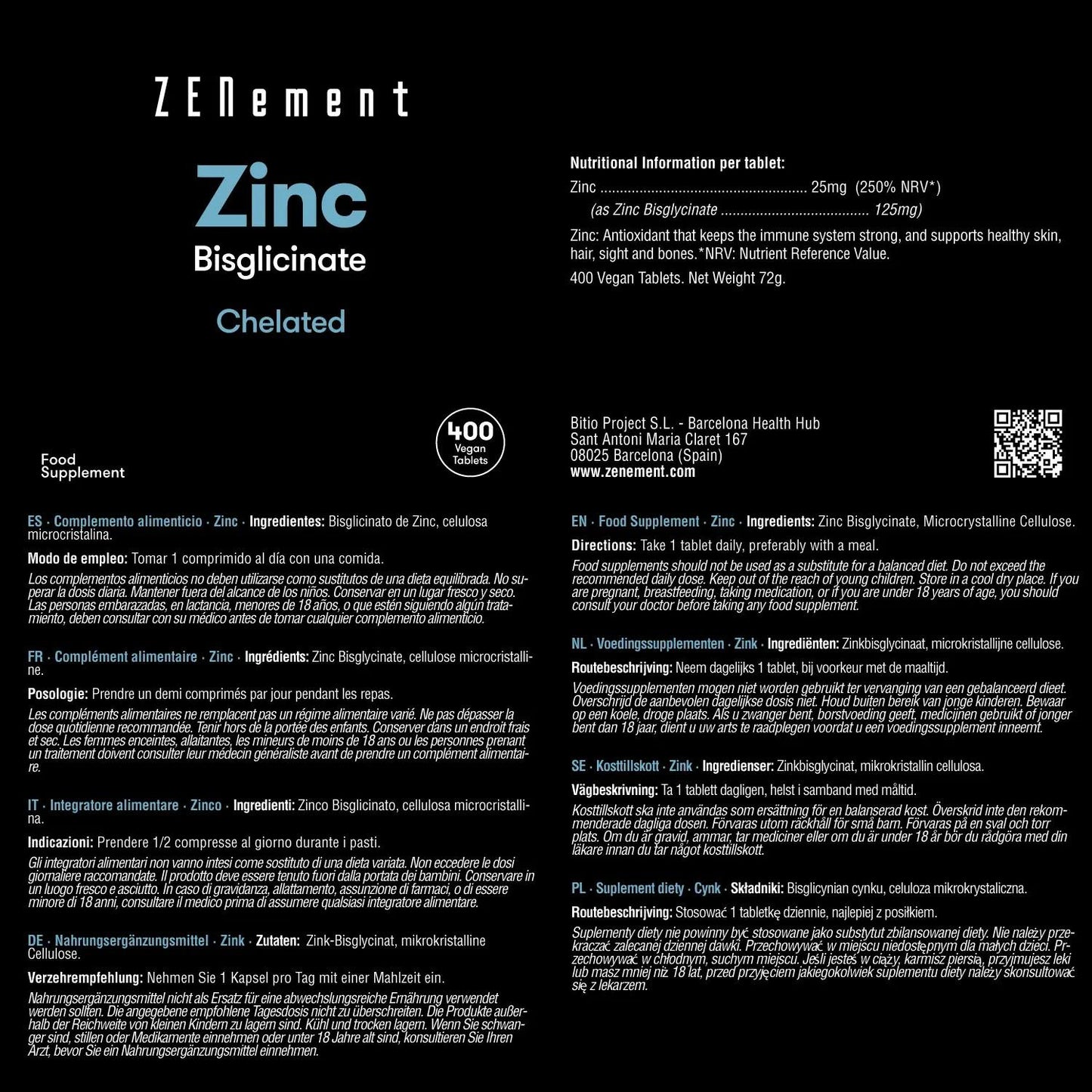 Zink 25 mg (Bisglycinat) hohe Dosierung Zenement 400 Tabletten