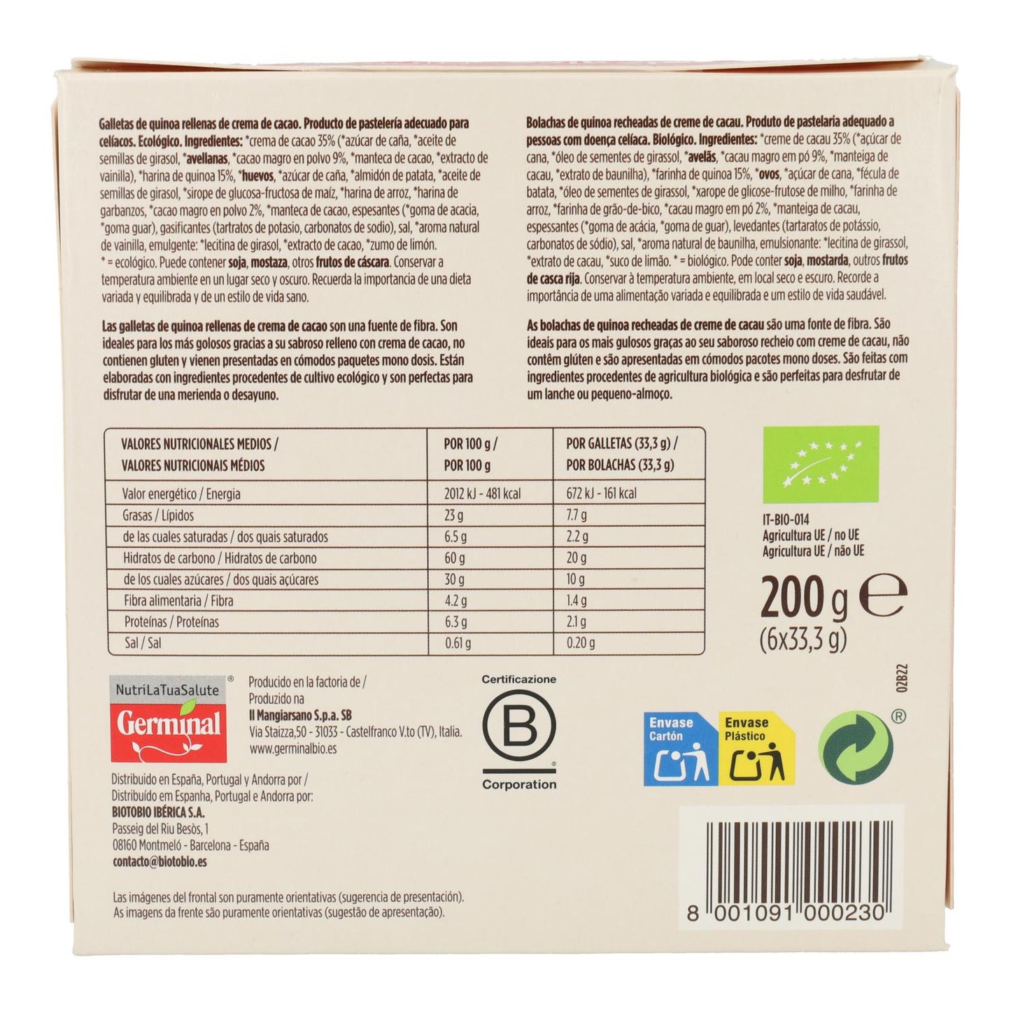 Quinoa-Kekse mit Kakaocremefüllung Germinal 200 g