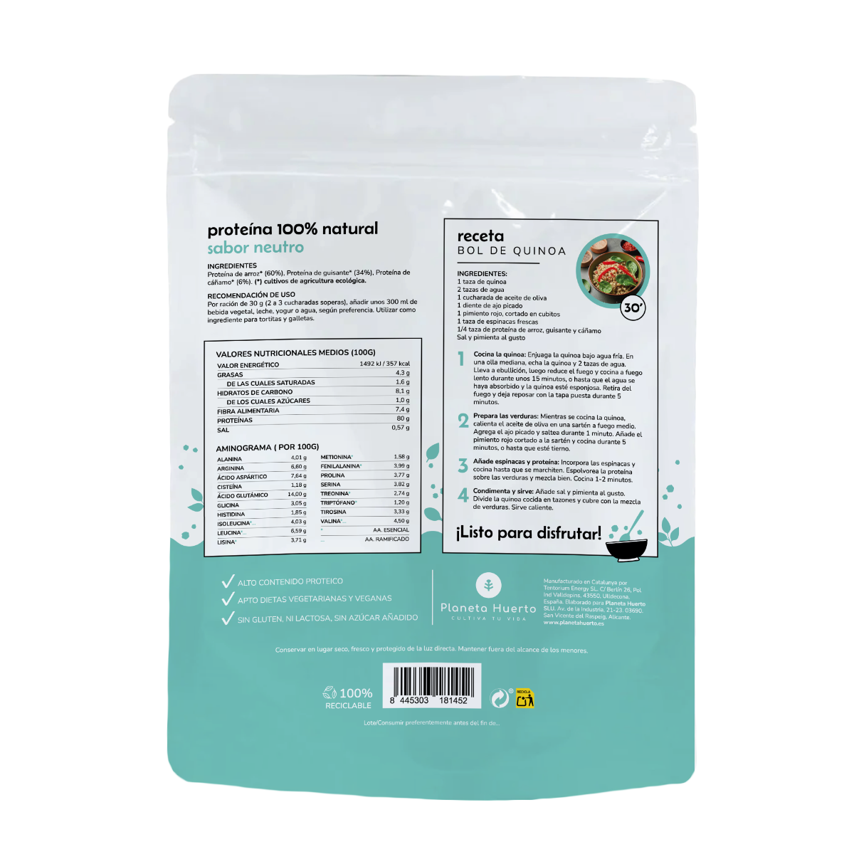 Neutral ECO pflanzliches Eiweiß 80% Planeta Huerto 500 g