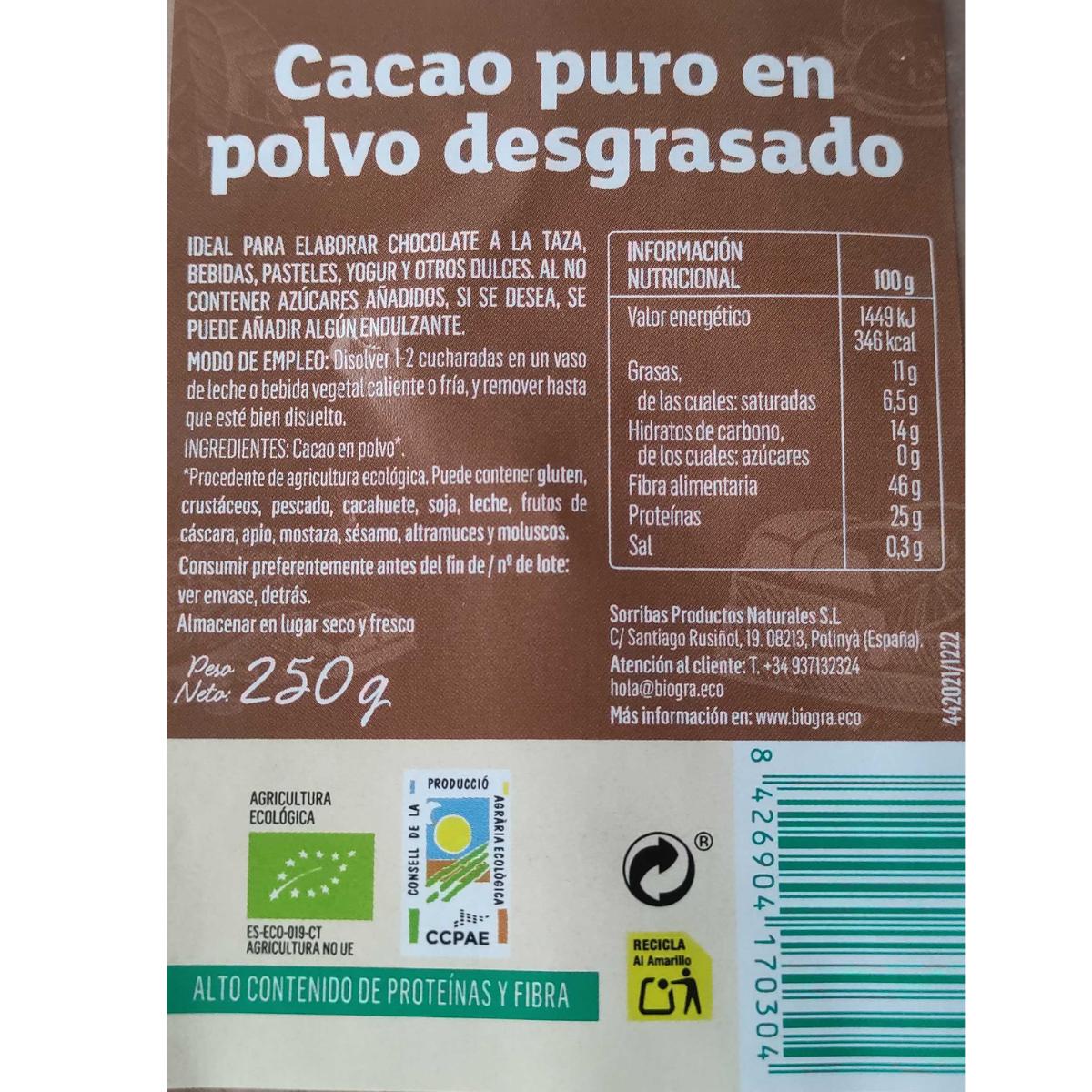 Pure ontvette cacaopoeder ECO Biográ 250 g