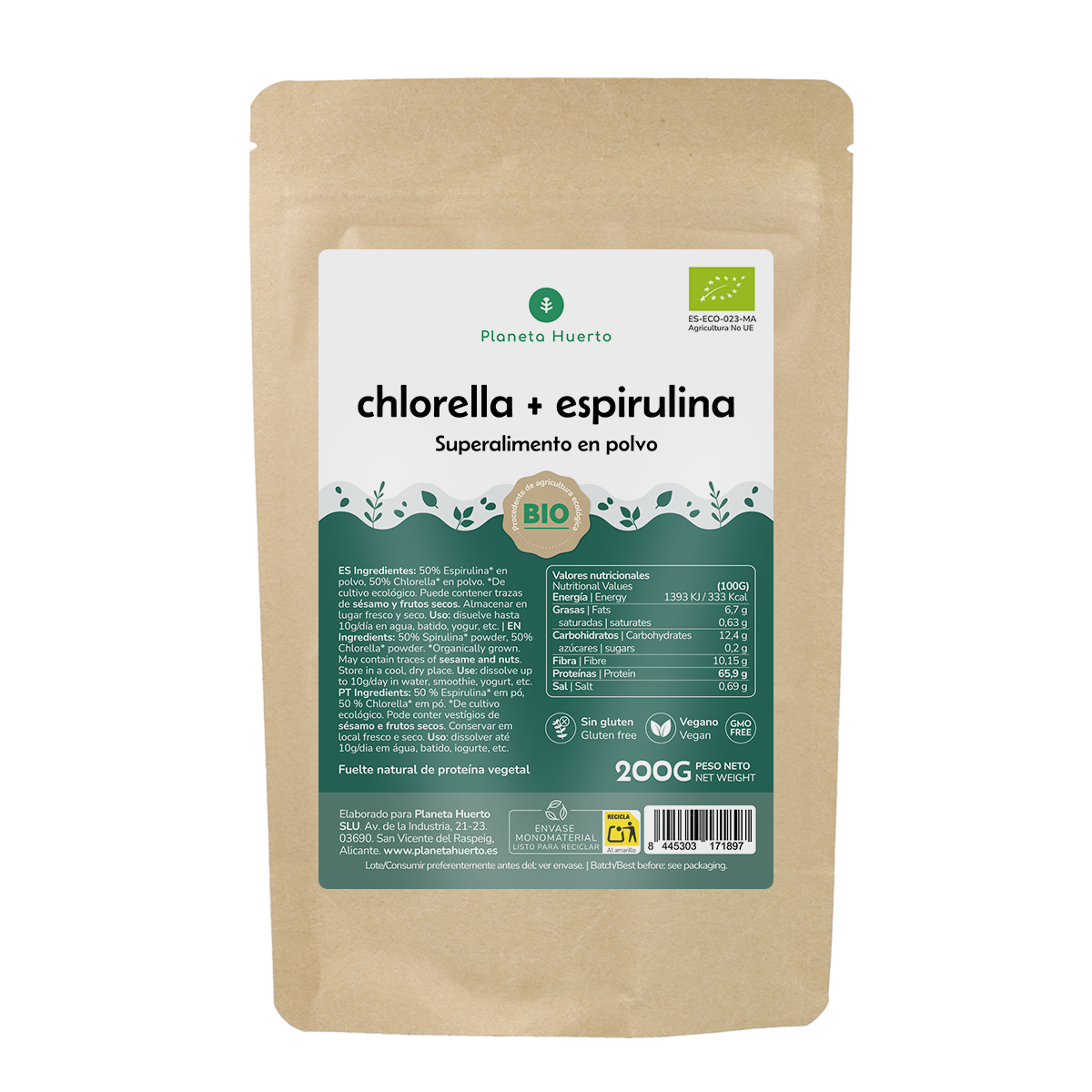 Chlorella + spirulina w proszku Planeta Huerto 200 g