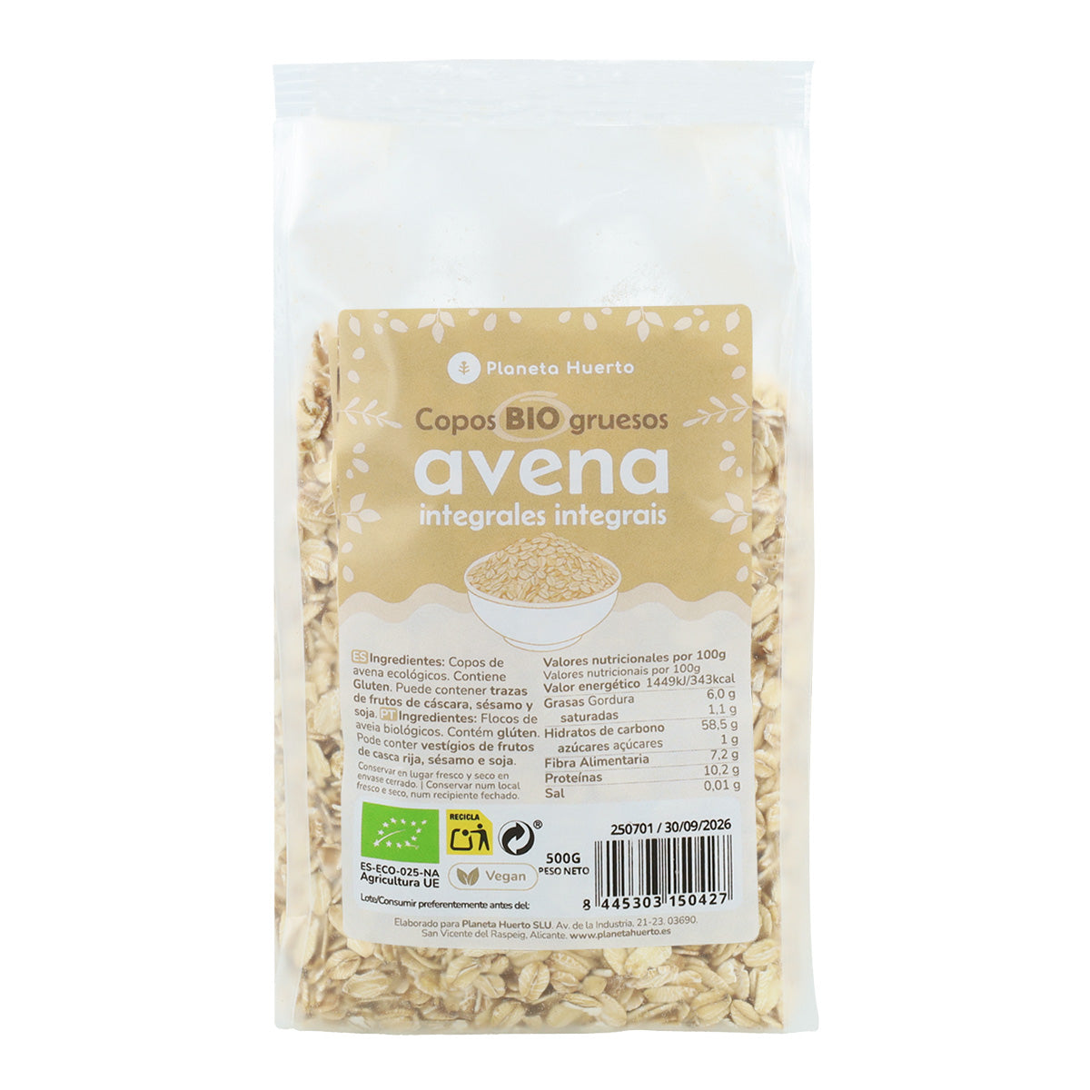 Fiocchi d'avena integrali grossolani ECO Planeta Huerto