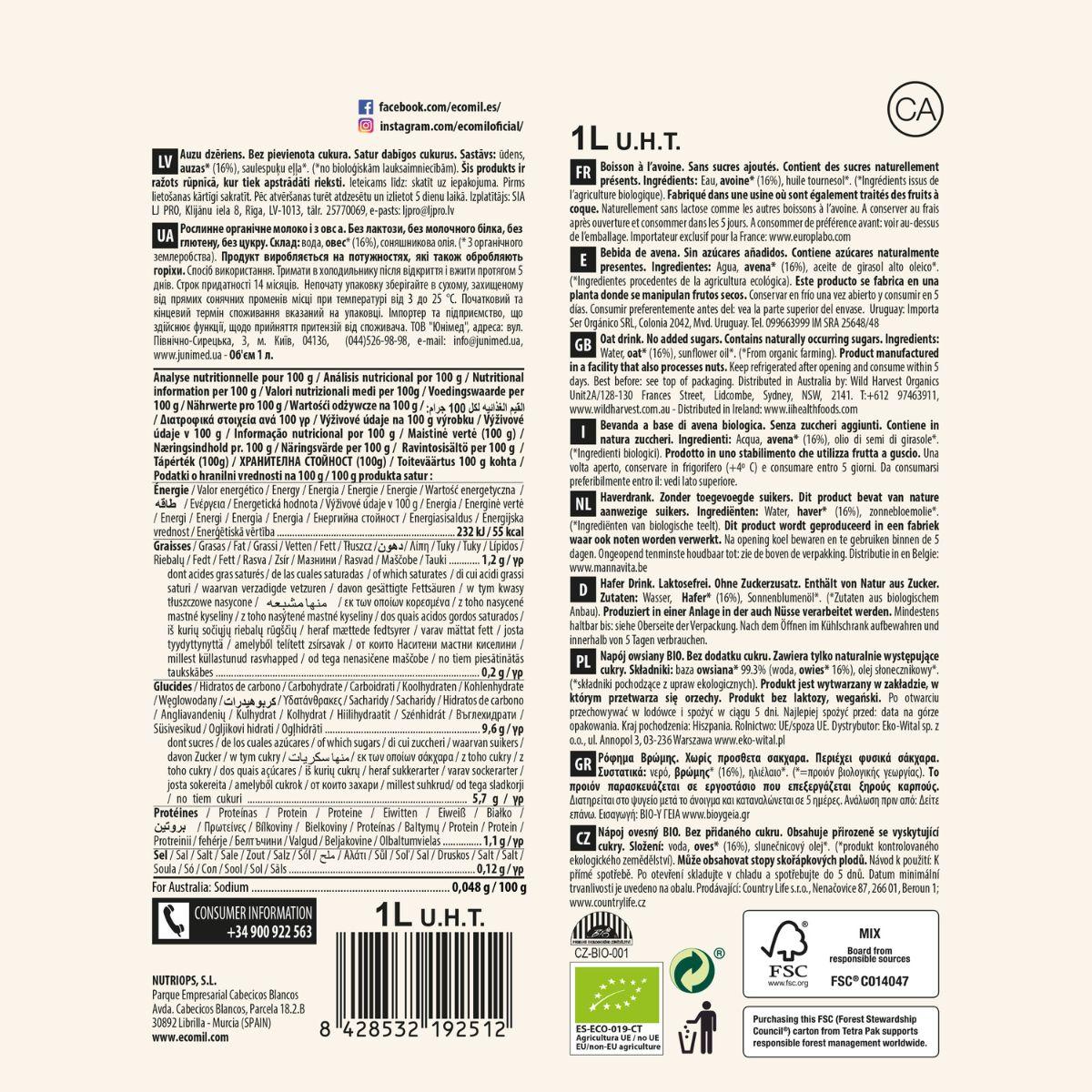 Napój roślinny z owsa Bio bez dodatku cukru Ecomil 1 l