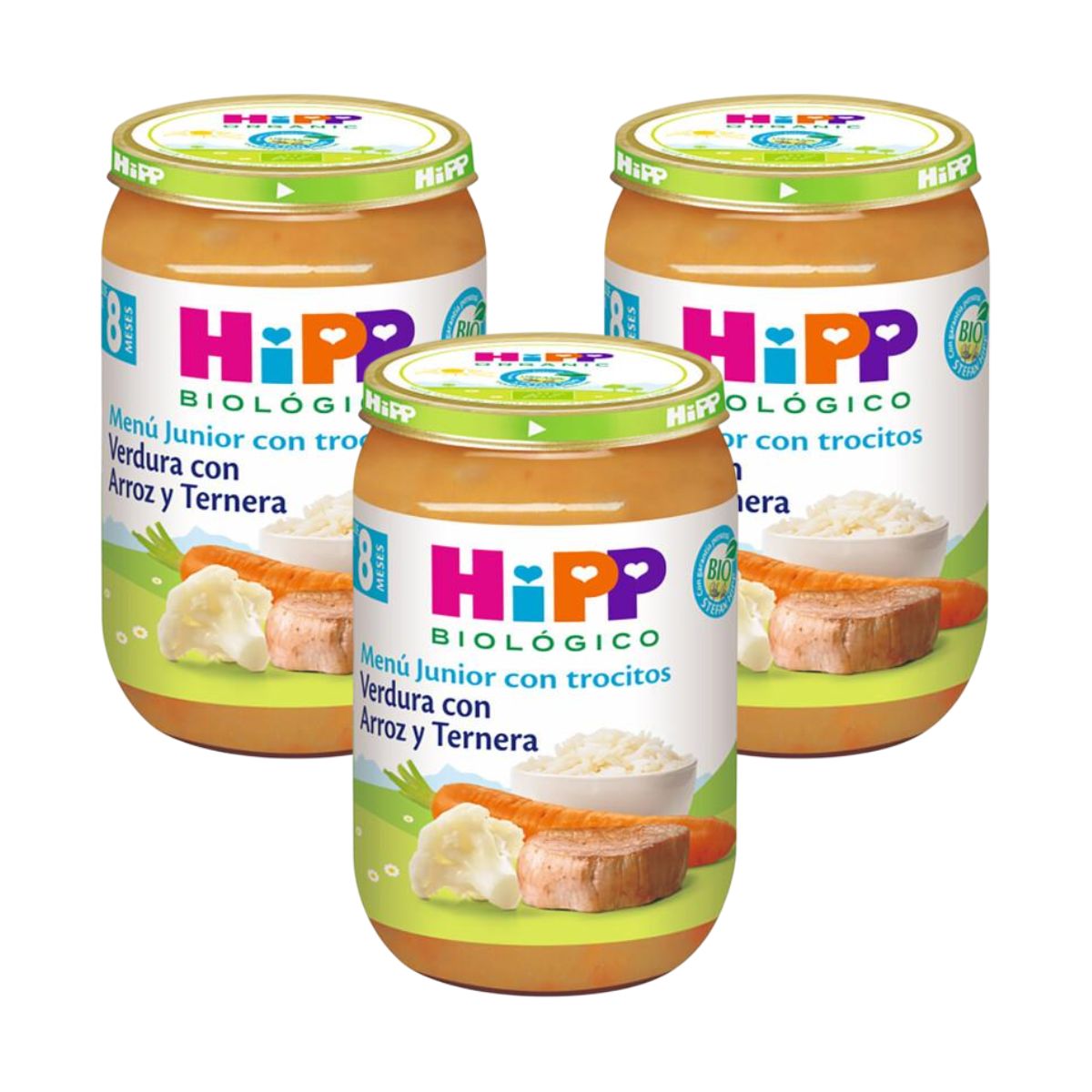 Pack x 3 petits pots de légumes avec riz et veau bio +8 mois HiPP 220 g