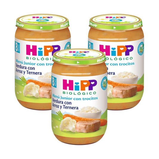 Pack x 3 petits pots de légumes avec riz et veau bio +8 mois HiPP 220 g