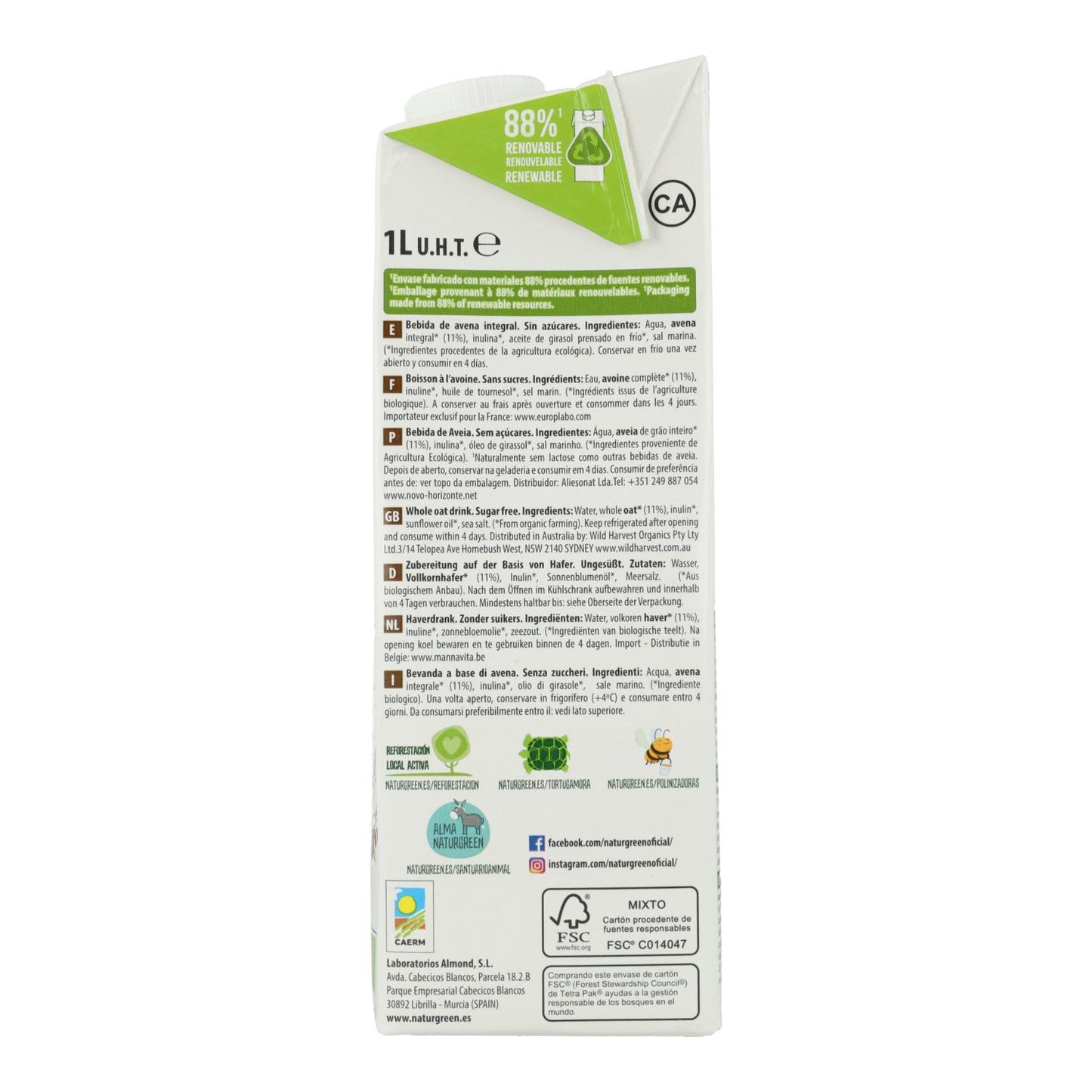 Pack of 6 Organic NaturGreen Whole Oat Drink 0% Sugar 1 L