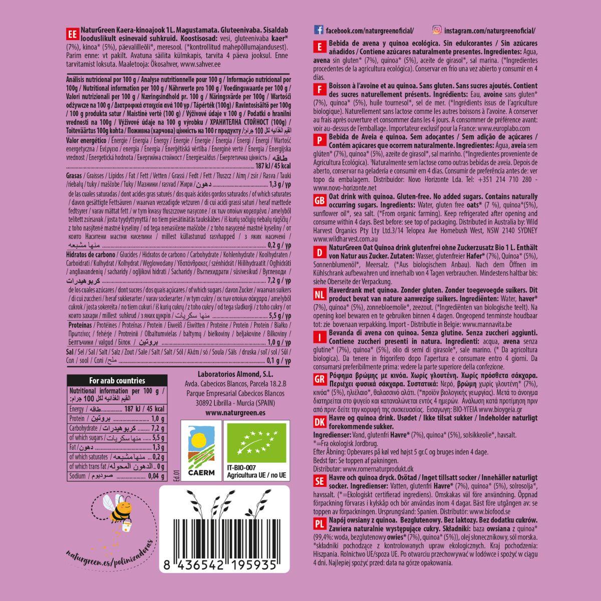 Bevanda biologica senza glutine all'avena e quinoa NaturGreen 1 L