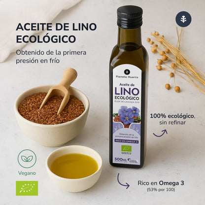 Confezione da 3 oli di lino spremuto a freddo ECO Planeta Huerto 500 ml