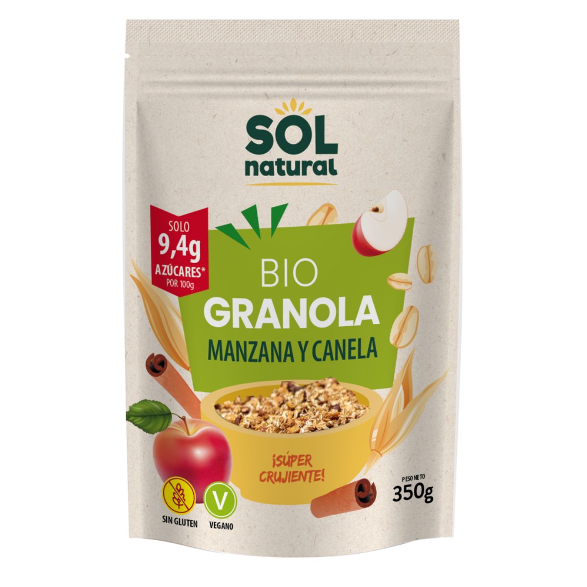 Granola owsiana bezglutenowa jabłkowo-cynamonowa Bio, Sol Natural, 350 g