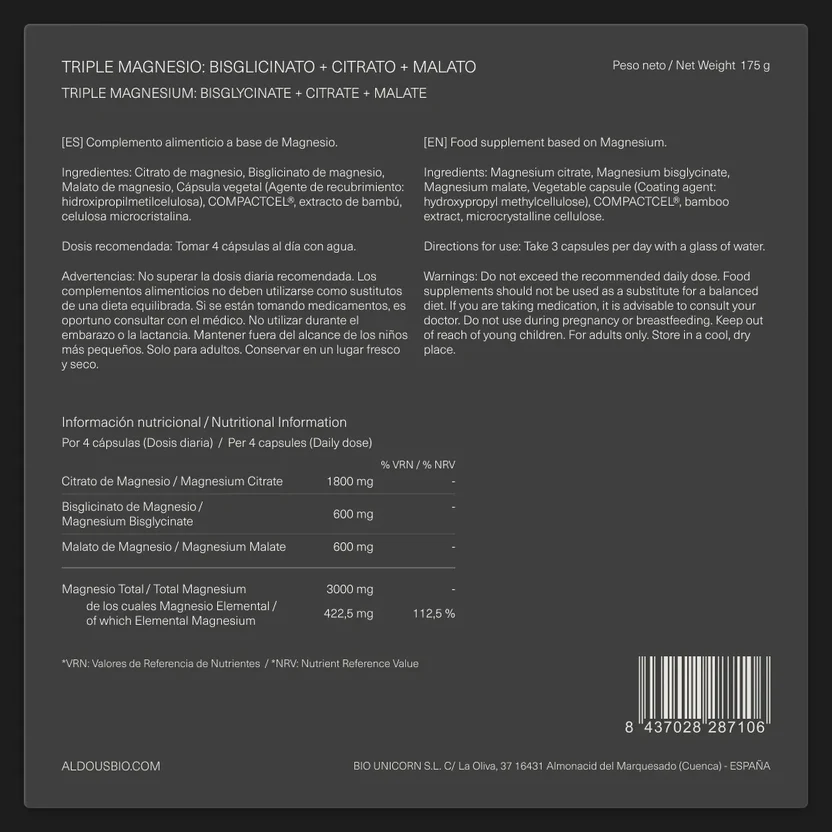 Magnesiumkomplex Triple 3000 mg Magnesium, Magnesiumbisglycinat, Citrat und Malat Aldous Bio 200 Kapseln