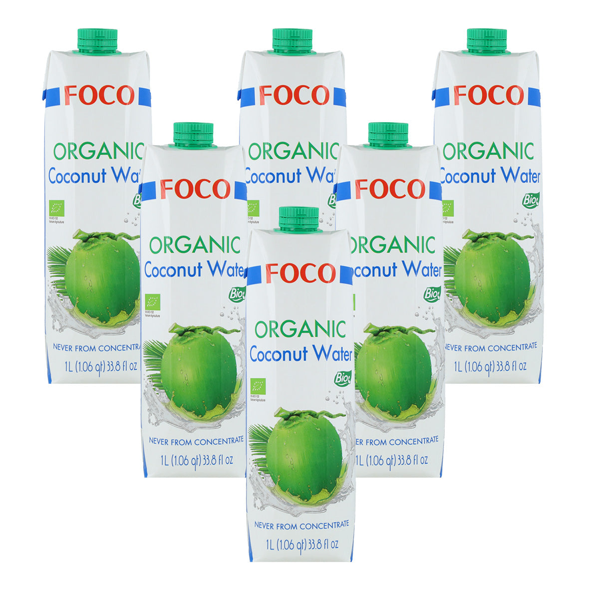 Confezione da 6 bottiglie di acqua di cocco pura 100% naturale Foco 1L