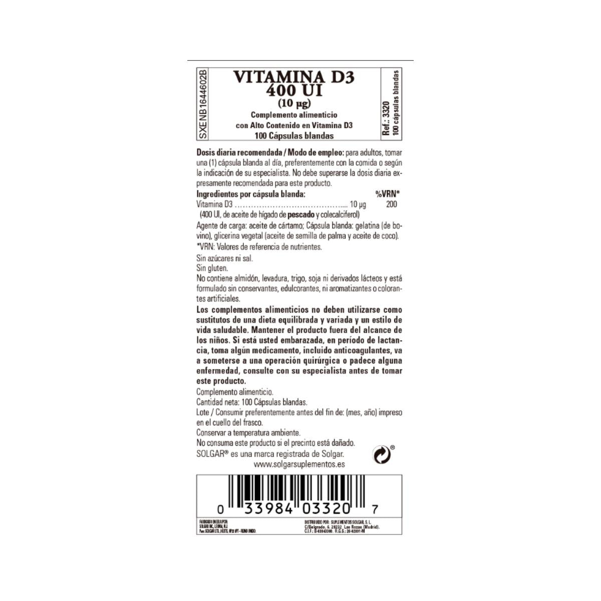 Witamina D3 400 IU, 100 kapsułek po 10 g