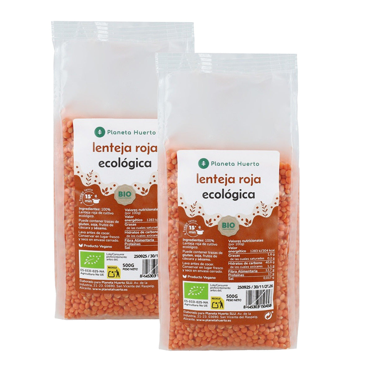 Förpackning med 2x röda linser ECO Planeta Huerto 500 g