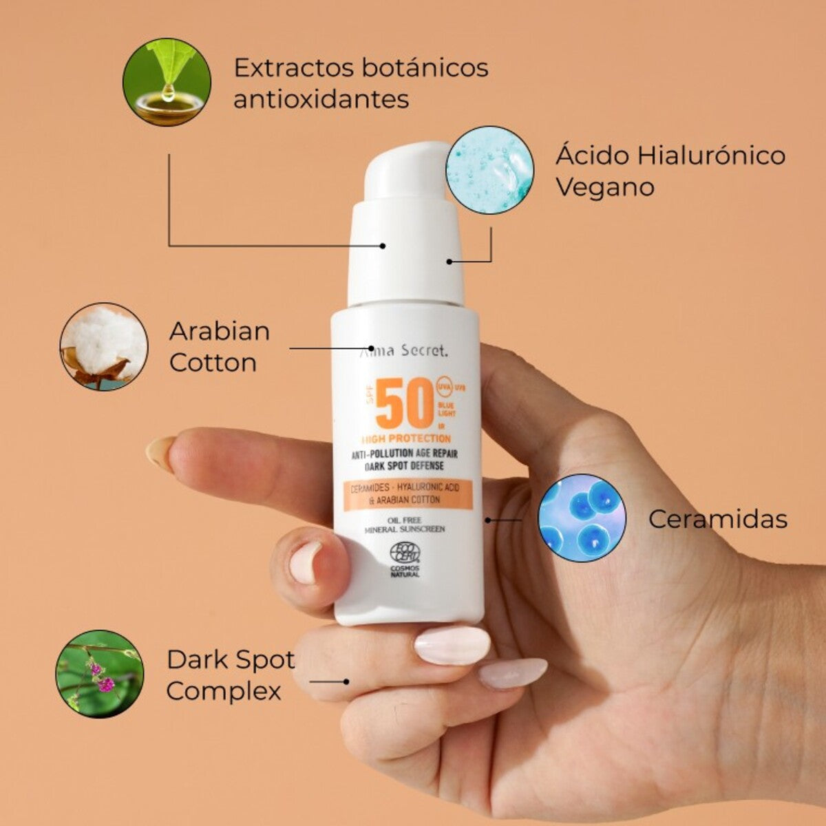 Krem przeciwsłoneczny do twarzy Golden SPF 50 z ceramidami, przeciwdziała plamom i nie zawiera olejów, Alma secret, 50 ml