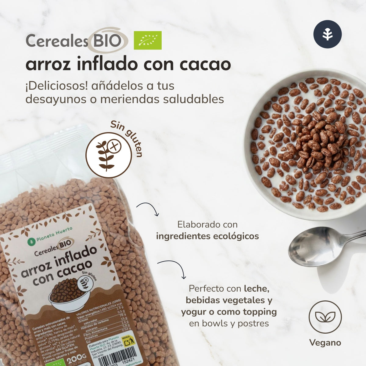 Riz soufflé sans gluten au cacao ECO Planeta Huerto 200 g