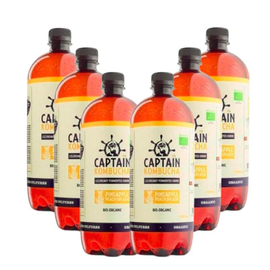 6-pack ekologisk kombuchadryck med ananas- och persikosmak Captain Kombucha