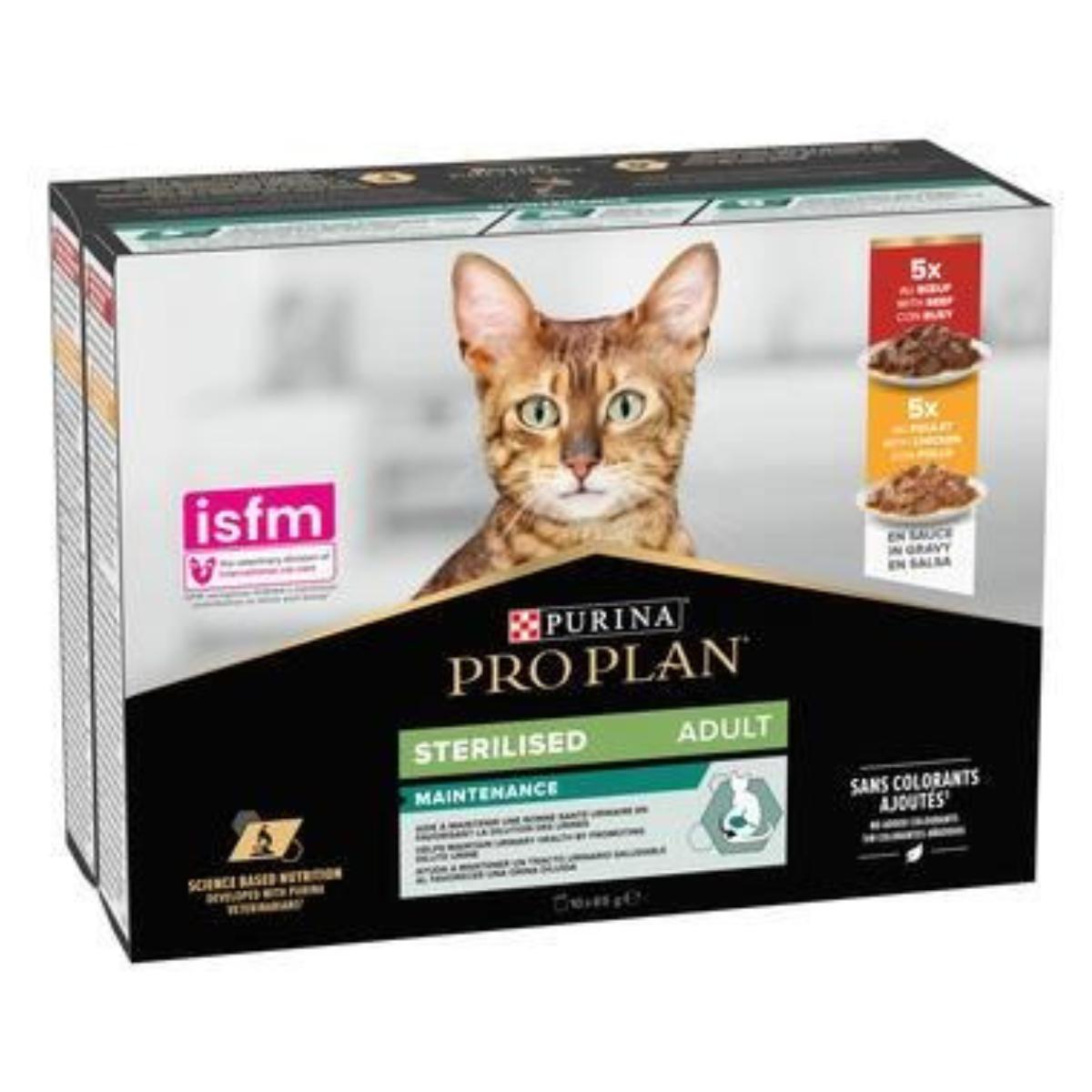 Pro Plan Adult Sterilisiertes Alleinfuttermittel für Katzen mit Huhn und Rind in Soße, Purina Beutel, 10 x 85 g