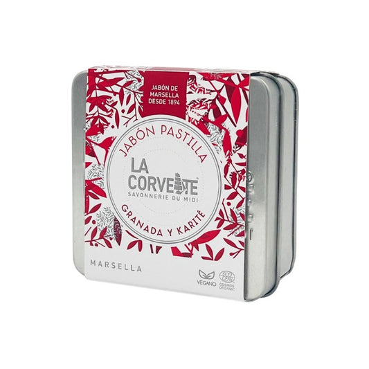 Metalowe pudełko upominkowe z mydłem z granatem i masłem shea La Corvette