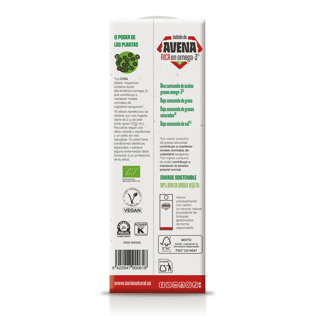 Ökologisches Hafergetränk reich an Omega 3, Soria Natural, 1 l