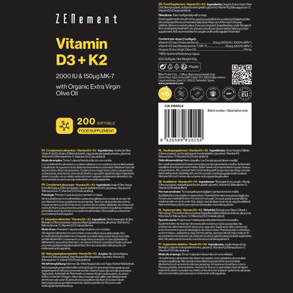 Vitamin D3 + K2, kolekalciferol (2000 IE) & MK-7 (150 μg) Zenement, 200 tabletter