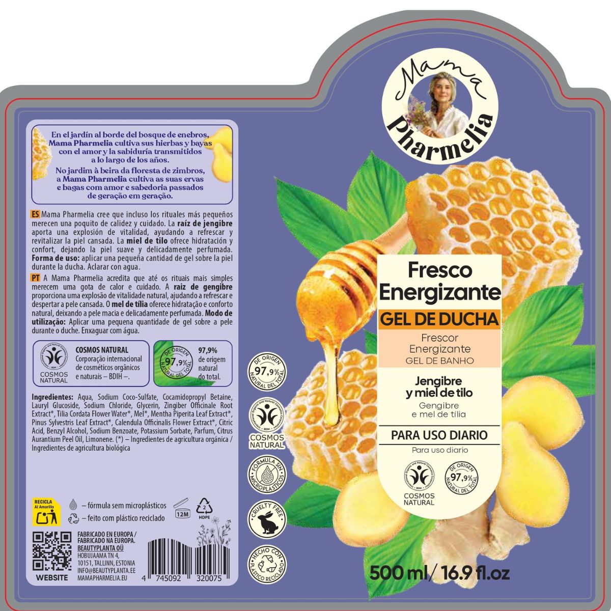 Energising Shower Gel with Ginger and Linden Honey, Mama Pharmelia, 500 ml