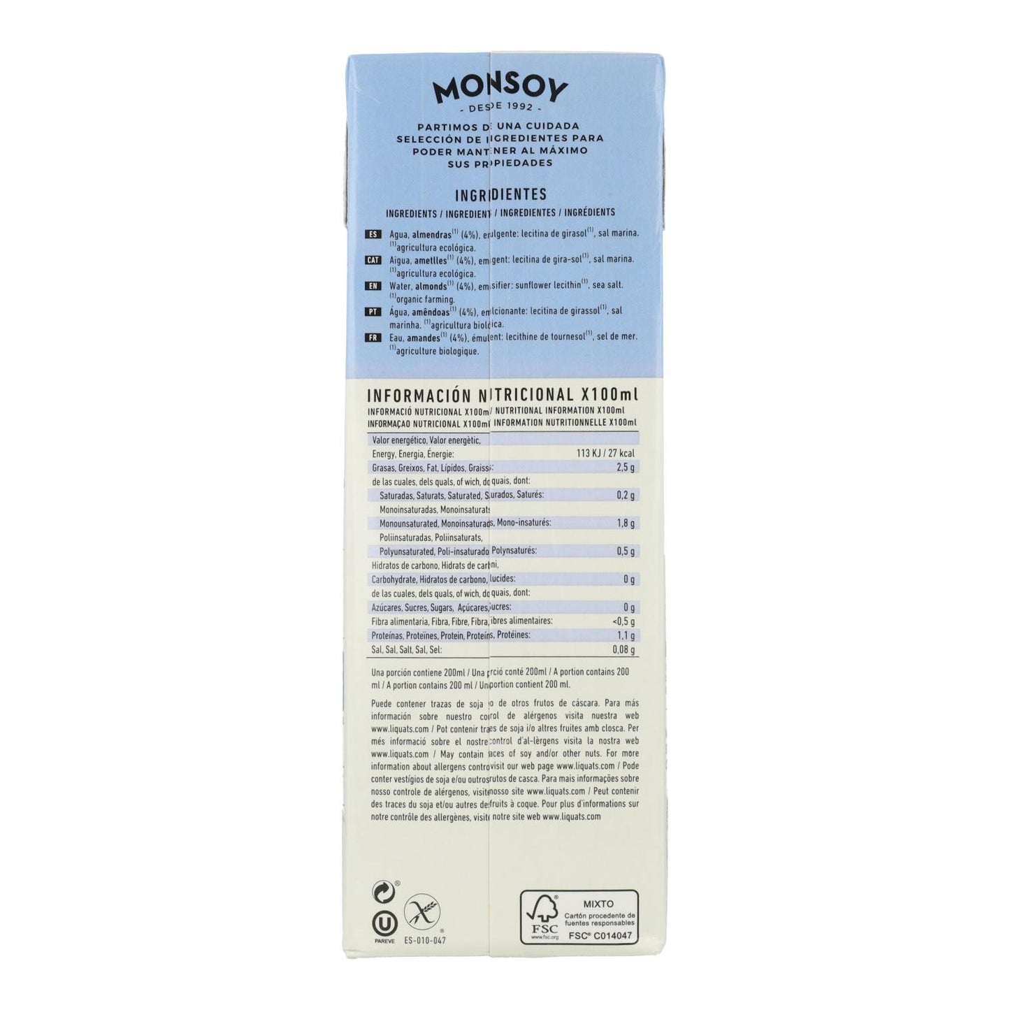 Pack of 6 Monsoy Sugar-Free Almond Milk 1 L