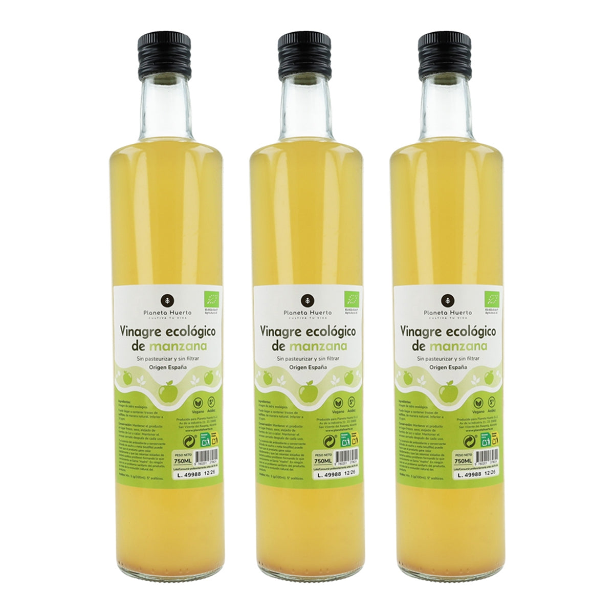 Pack 3x Vinaigre de pomme ECO non filtré Planeta Huerto 750 ml