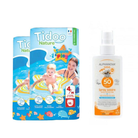Pakket x2 Swimmers zwemluiers T4 (8-15 kg) Tidoo + Zonnebrandcrème voor baby's SPF 50 Alphanova 125 ml