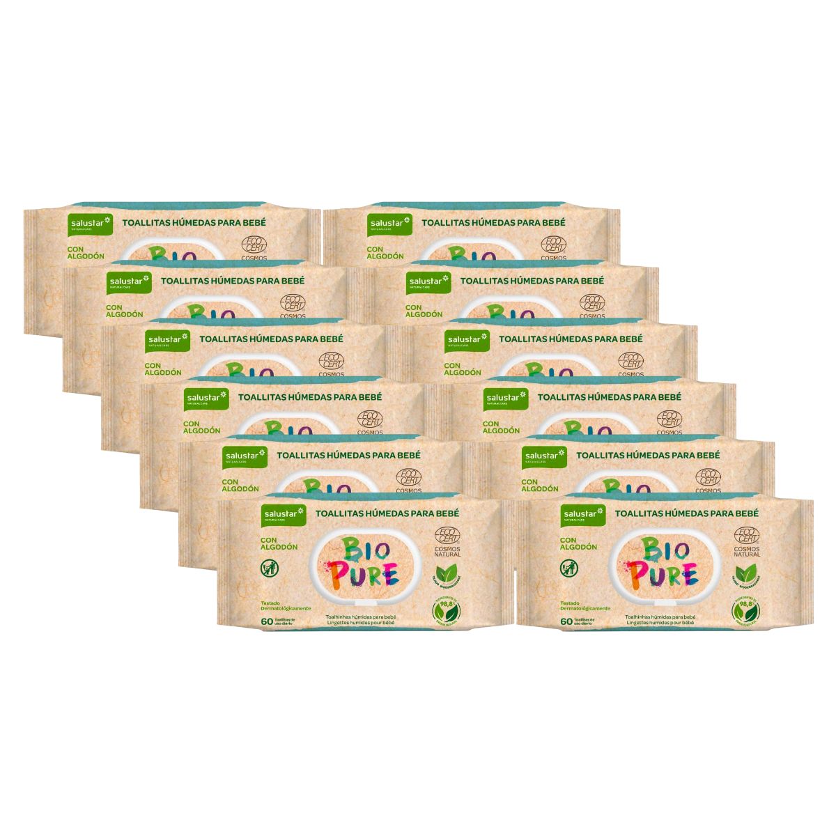 12er-Pack biologisch abbaubare Feuchttücher für Babys Biopure Salustar 60 Stück