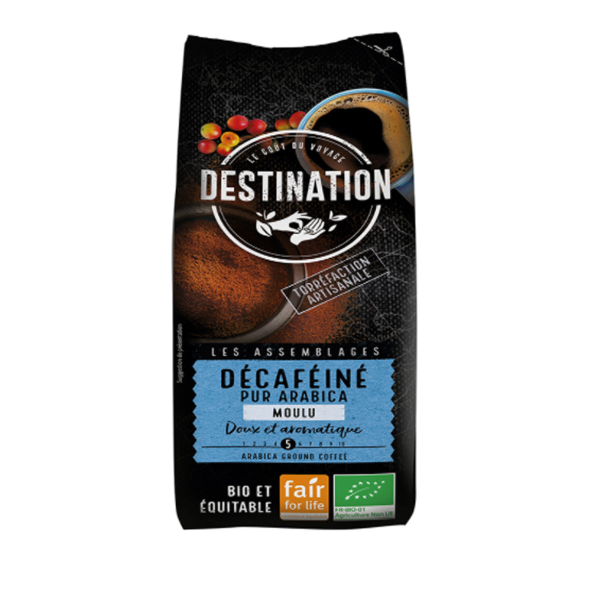 Café molido descafeinado suave 100% arábica BIO Destination 250 g