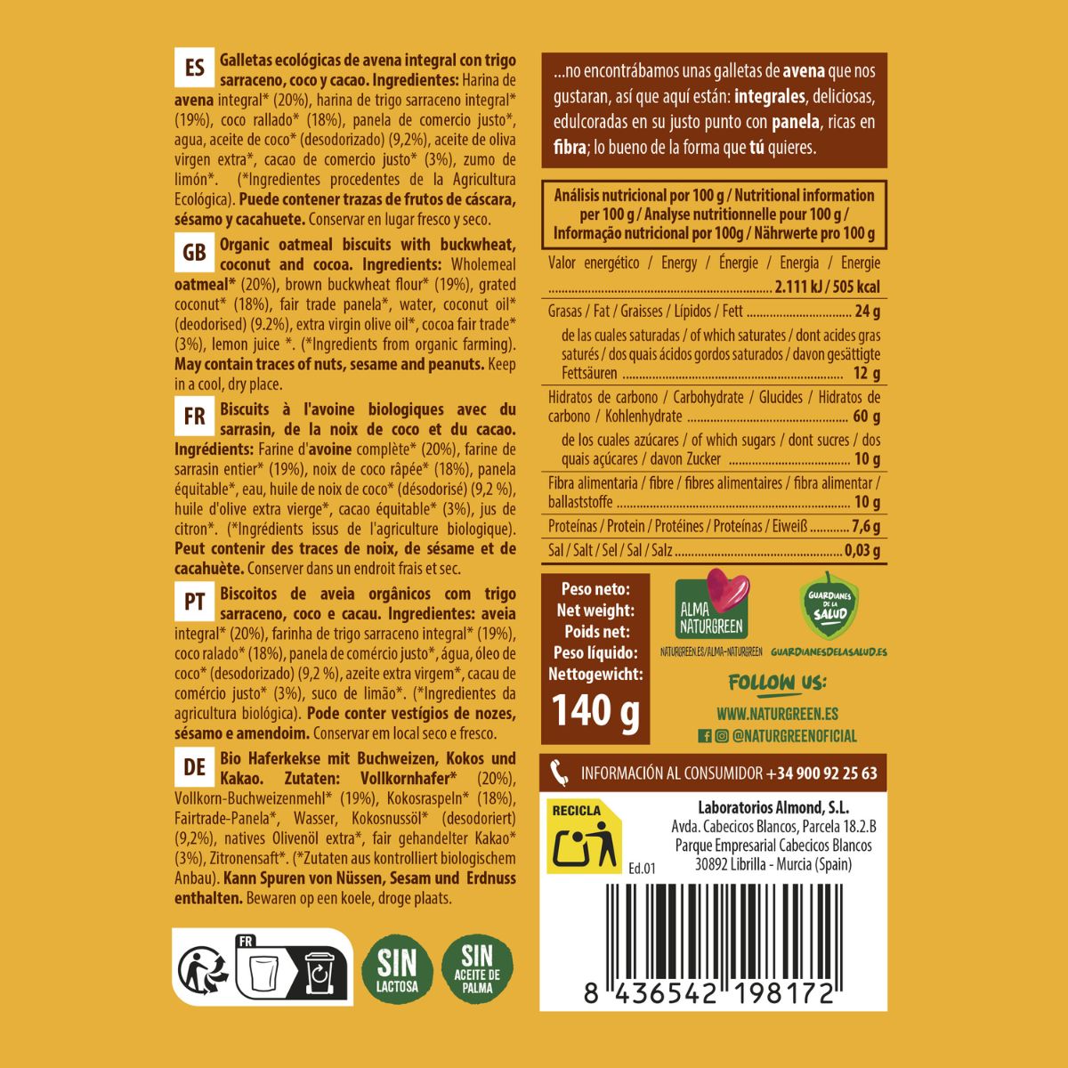 Biscuits à l'avoine complète, au sarrasin, à la noix de coco et au cacao bio NaturGreen 140 g