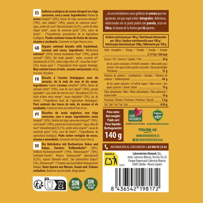 Biscuits à l'avoine complète, au sarrasin, à la noix de coco et au cacao bio NaturGreen 140 g