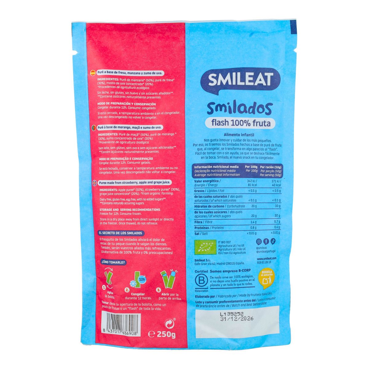 Smilado de Fresa y Manzana ECO, helado flas infantil 100% fruta SMILEAT 250 g